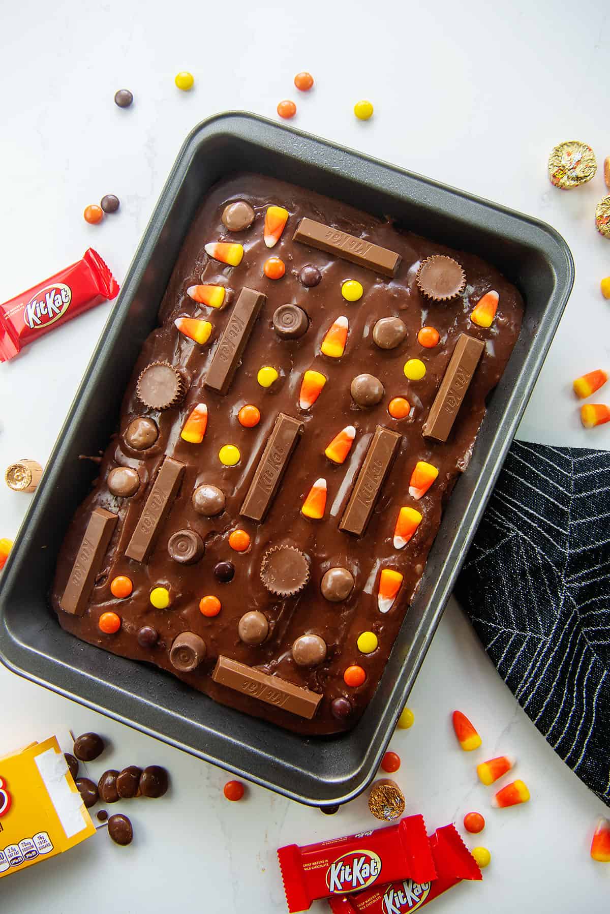 Halloween brownies in metal baking pan.