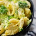 broccoli mac and cheese in bowl.