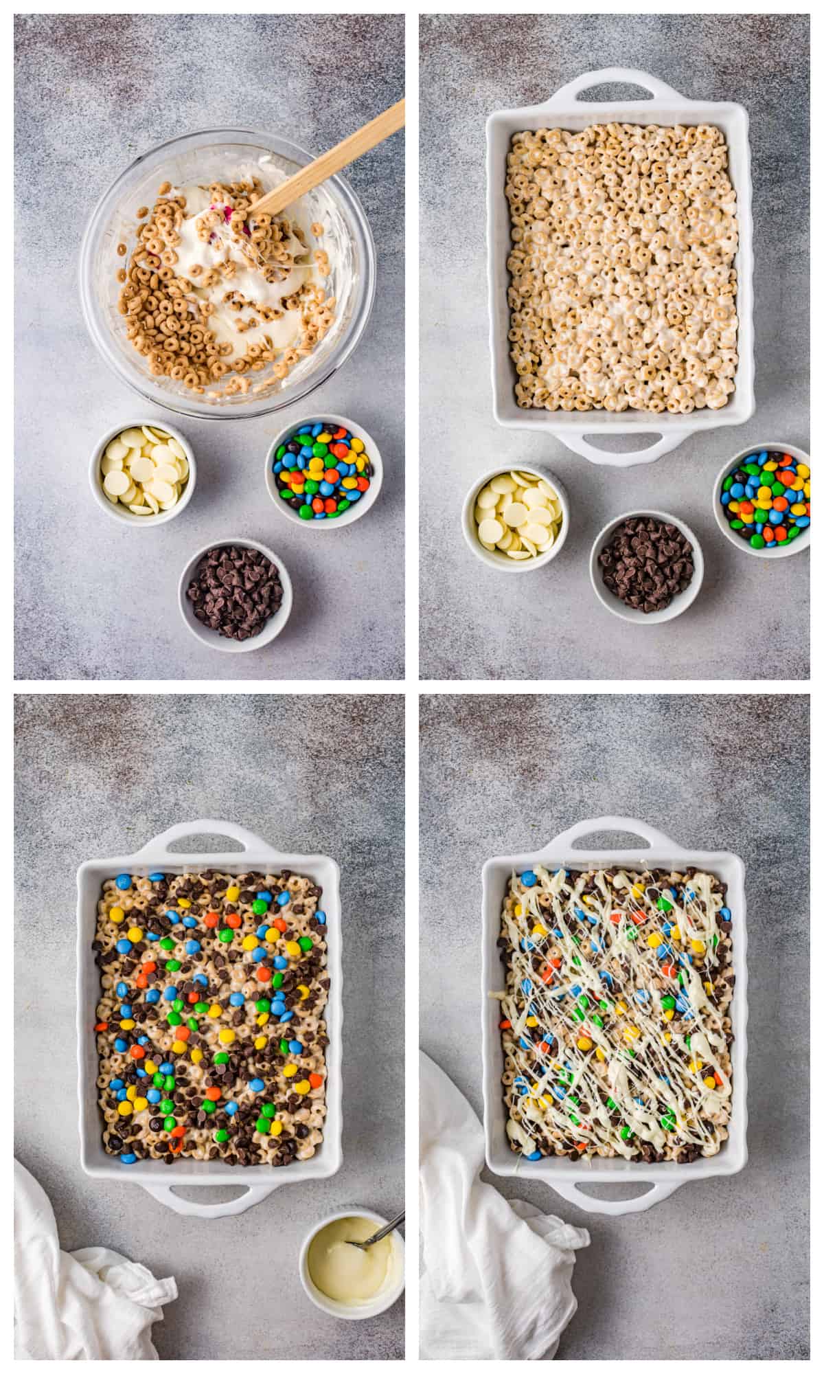 collage showing steps for making Cheerios cereal bars.