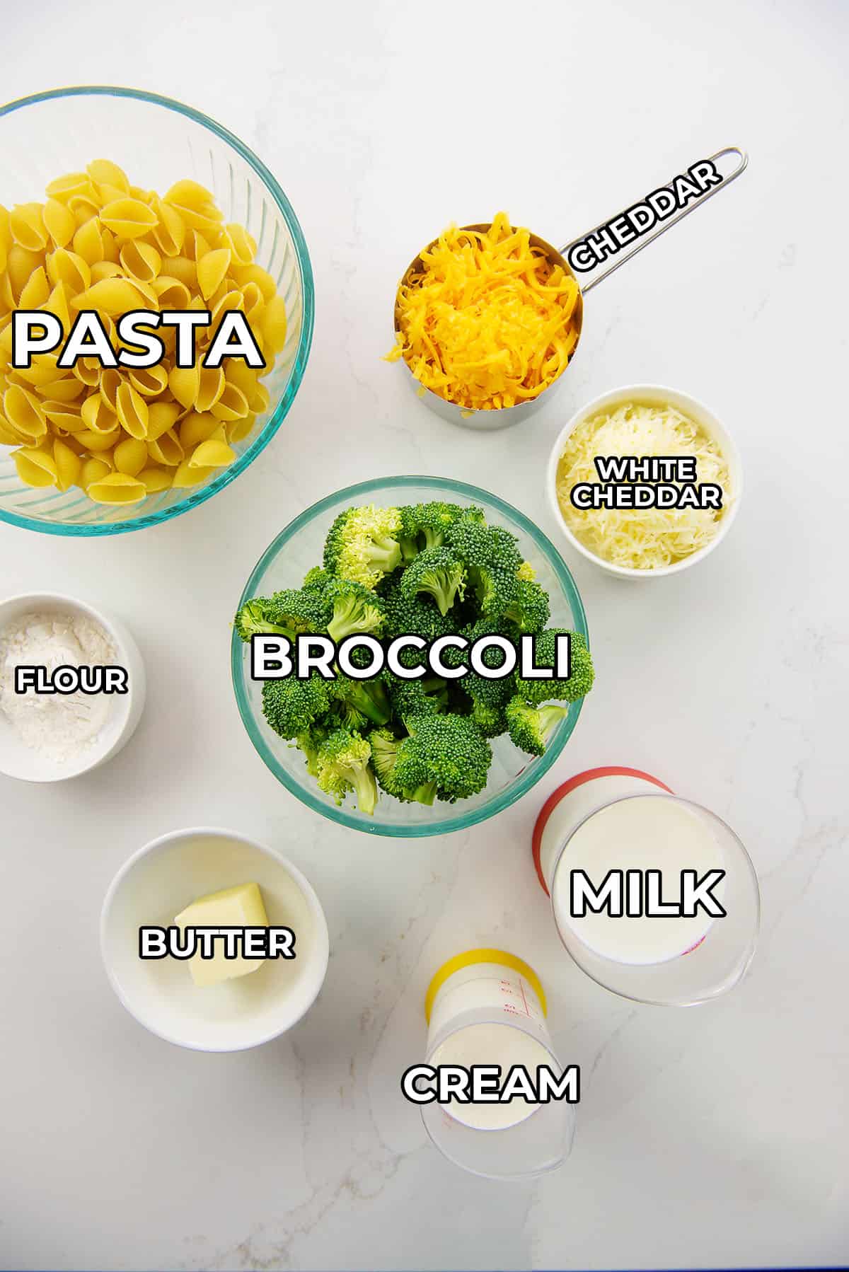 ingredients for broccoli macaroni and cheese recipe.