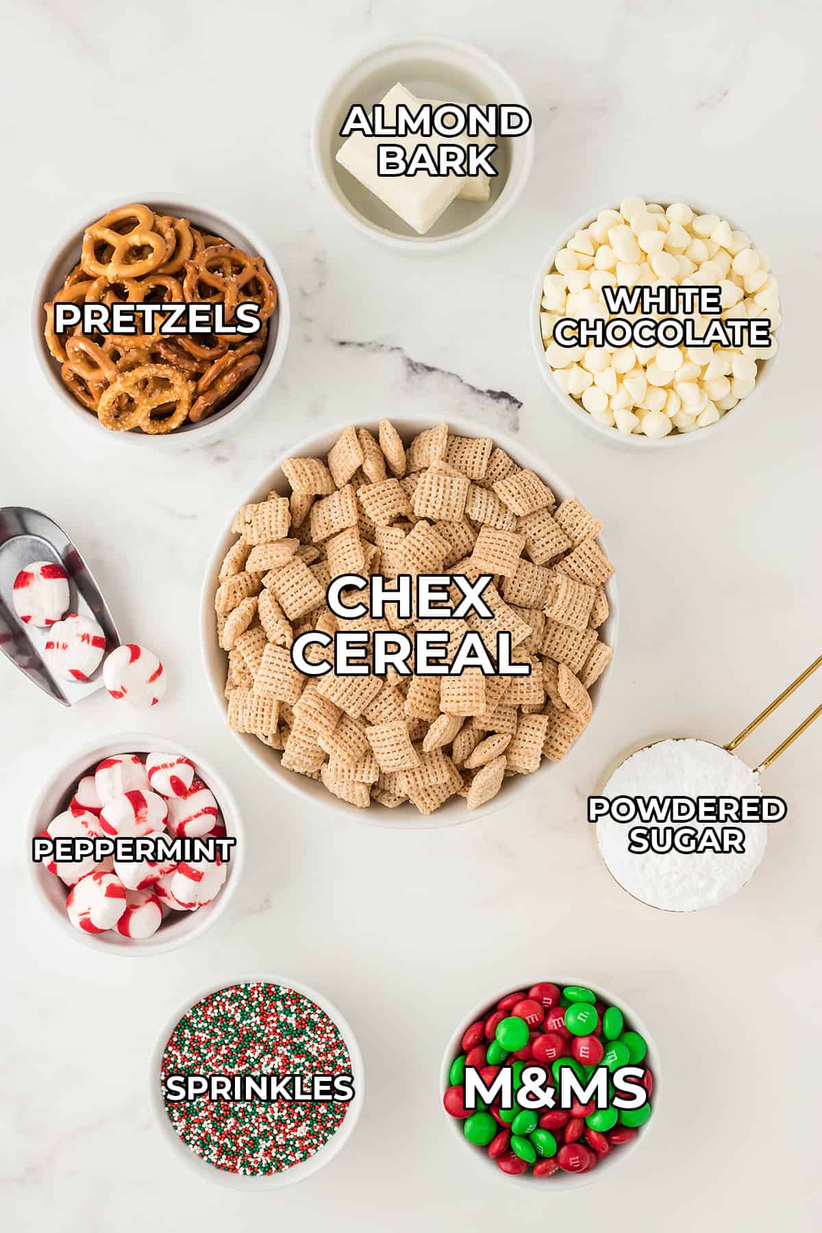 ingredients for Christmas Chex Mix.
