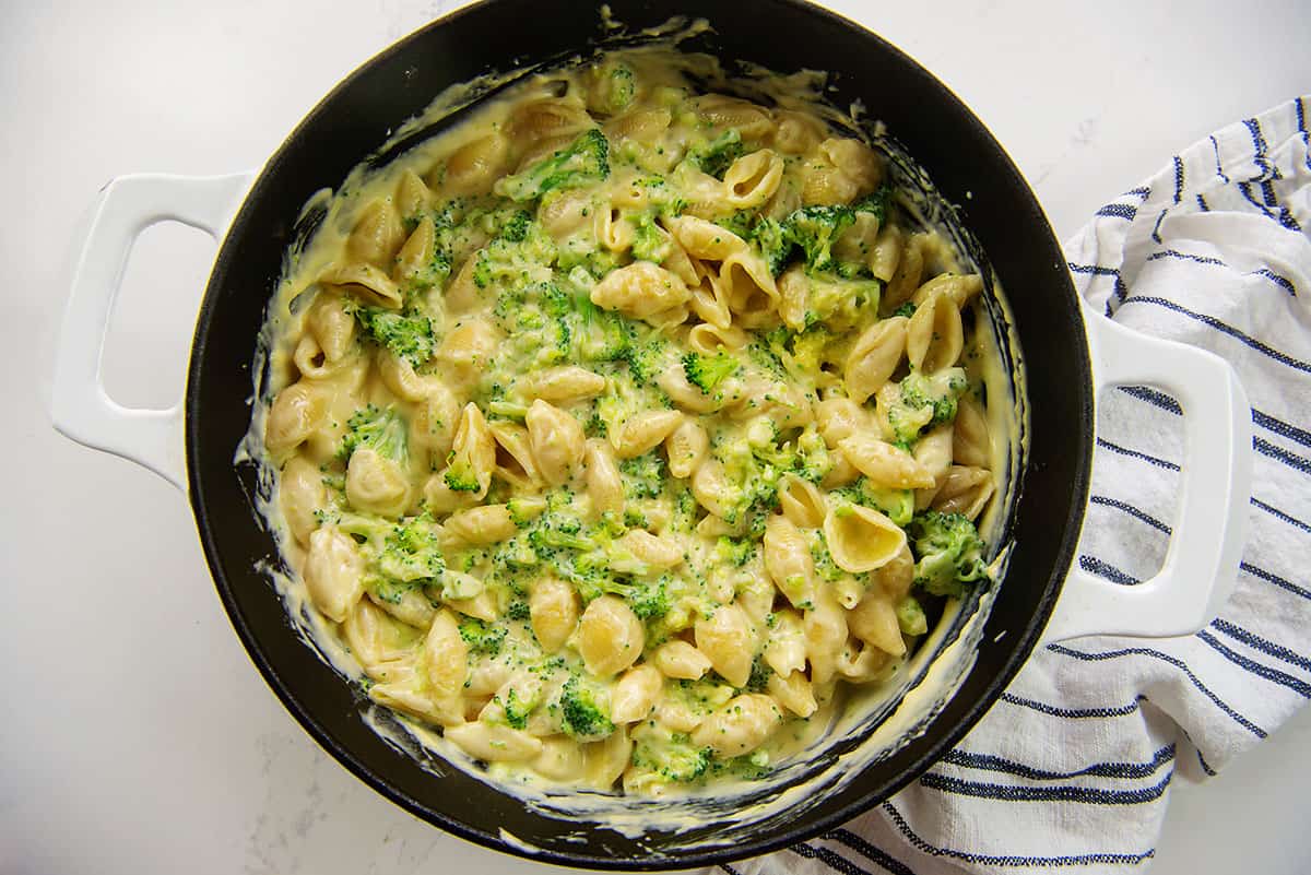 broccoli mac and cheese recipe in pan.