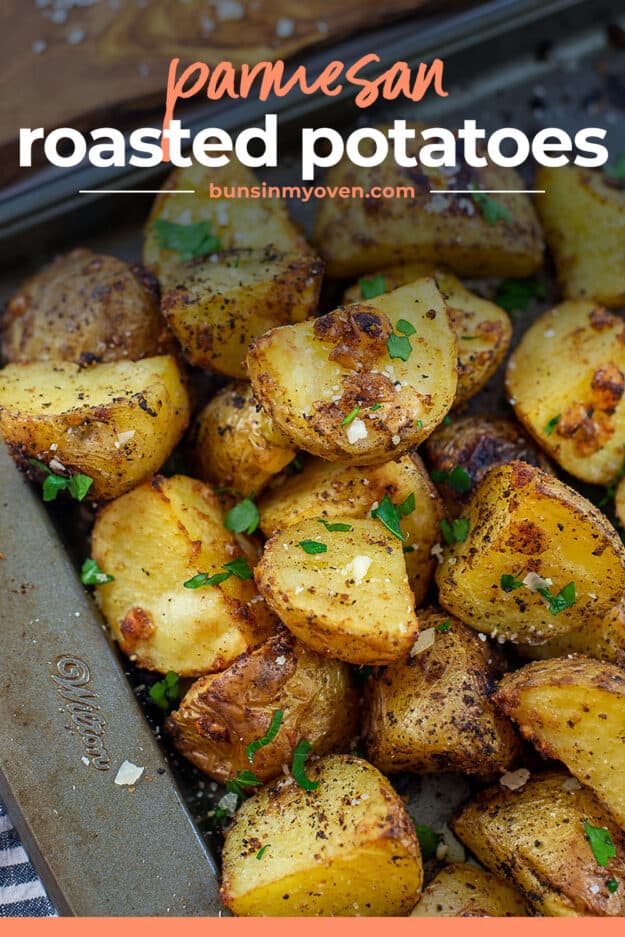 roasted potatoes on pan with text for Pinterest.