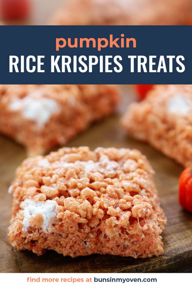 orange rice krispies treats with text for Pinterest.