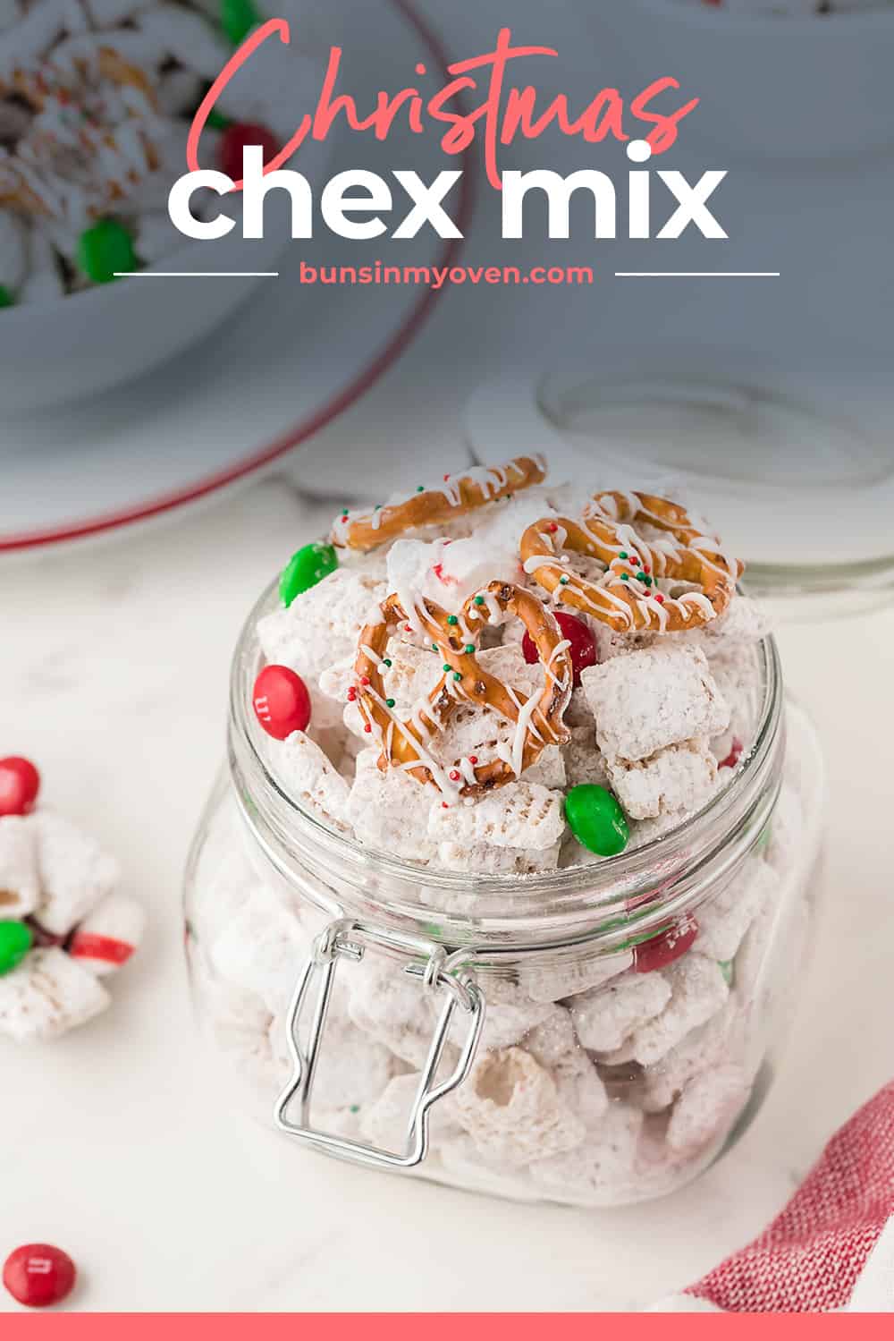 Christmas chex mix in jar.
