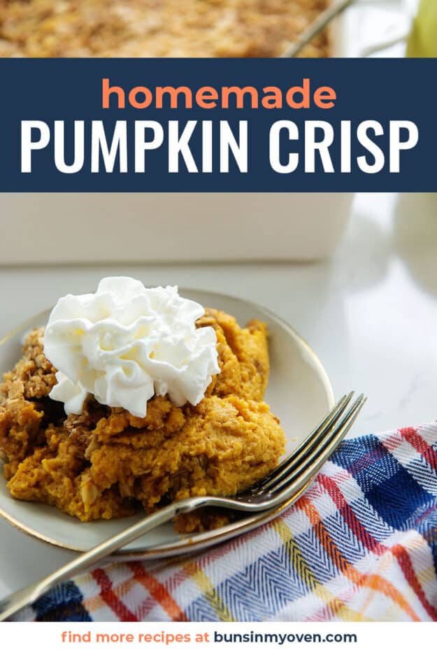 pumpkin crisp on plate with text for Pinterest.
