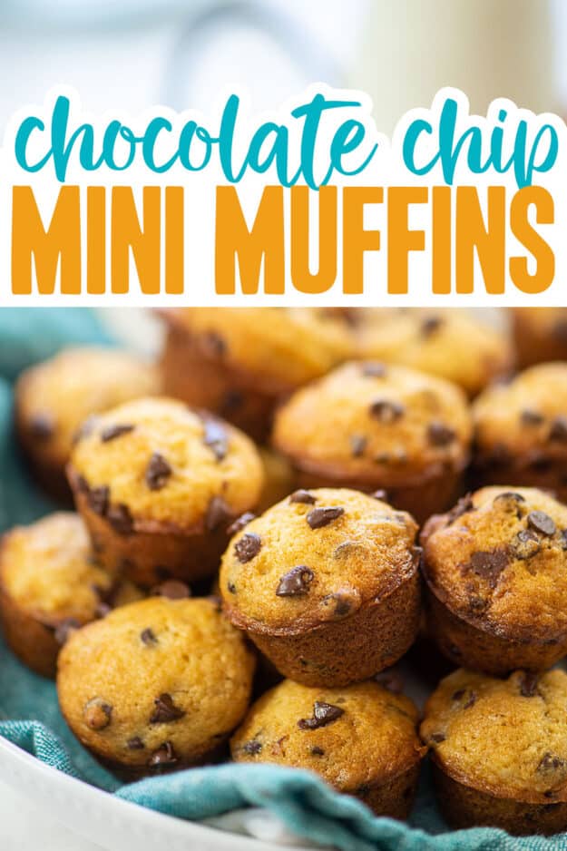 mini chocolate chip muffins with text for Pinterest.