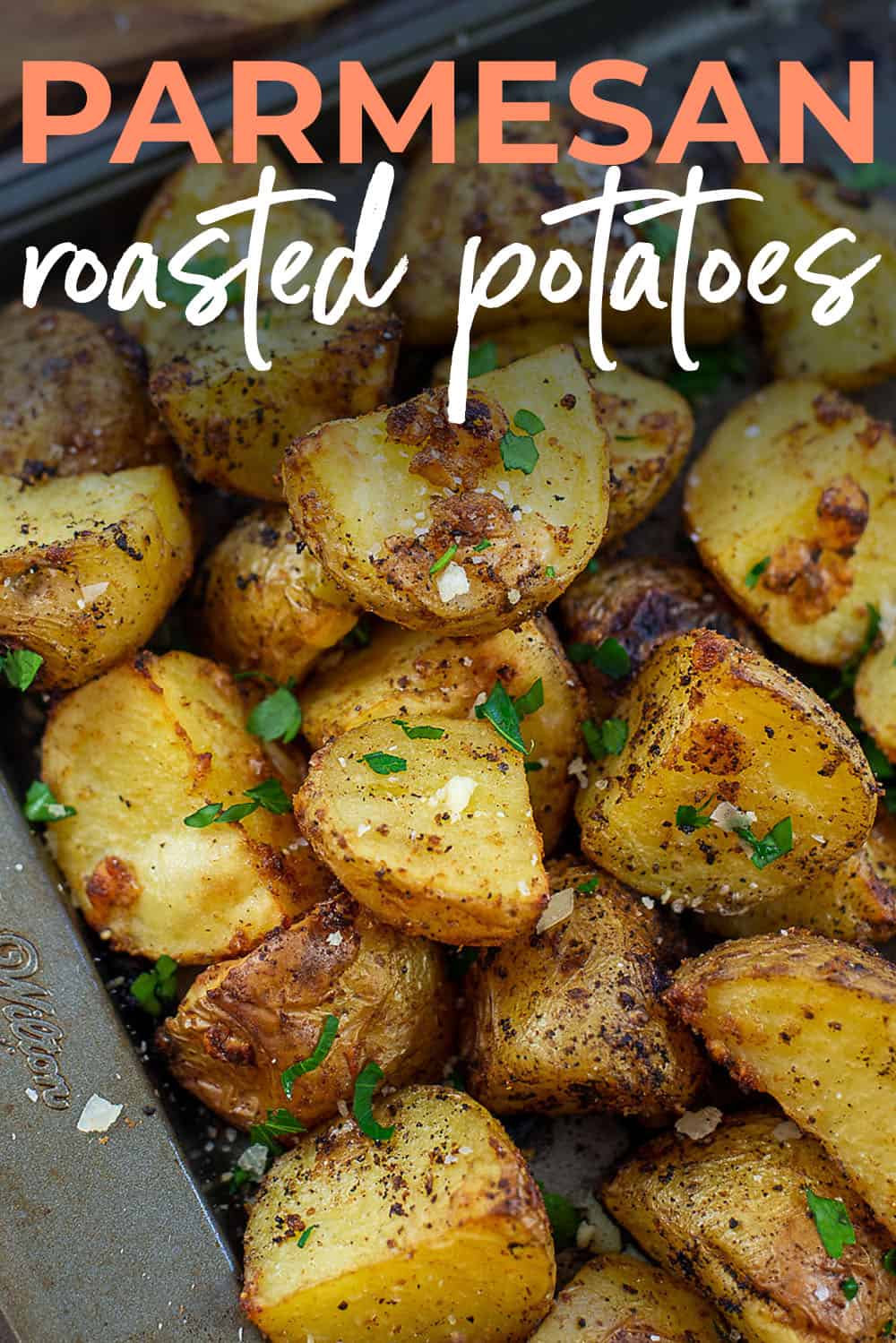 Parmesan roasted potatoes sheet pan with text for Pinterest.