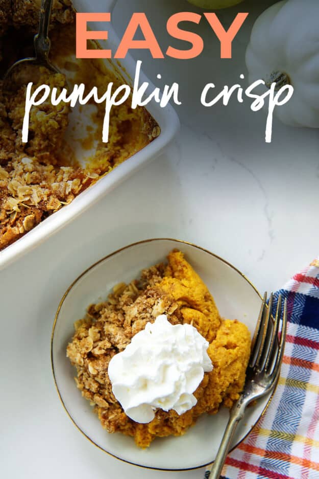 overhead of pumpkin crisp on plate with text for Pinterest.