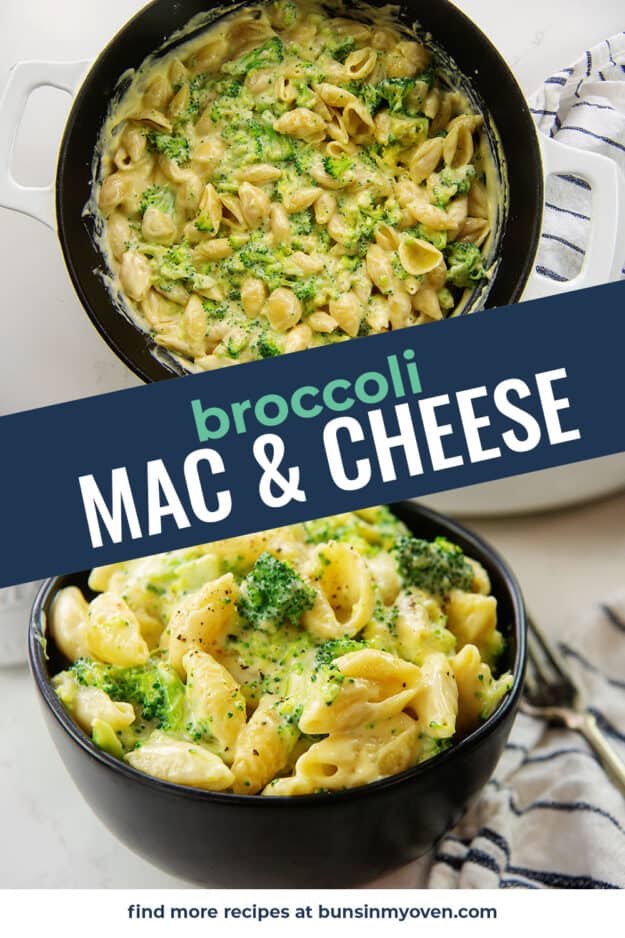 collage of broccoli macaroni and cheese images.