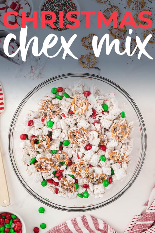 holiday chex mix in bowl with text for Pinterest.