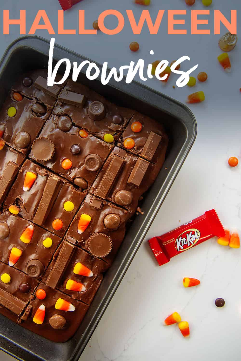 Halloween brownies in metal dish.