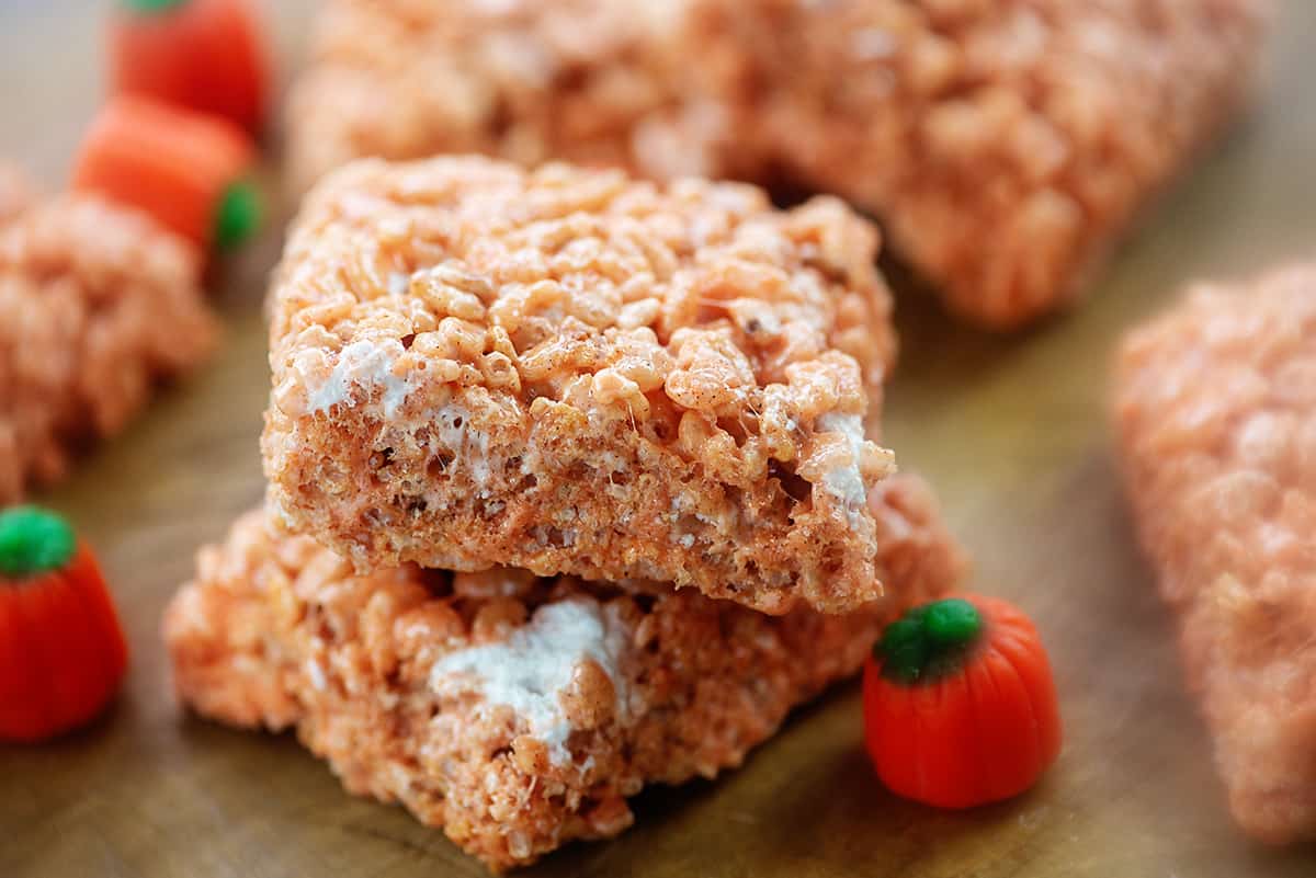 stacked pumpkin cereal treats.