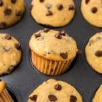Mini chocolate chip muffins in muffin tin.