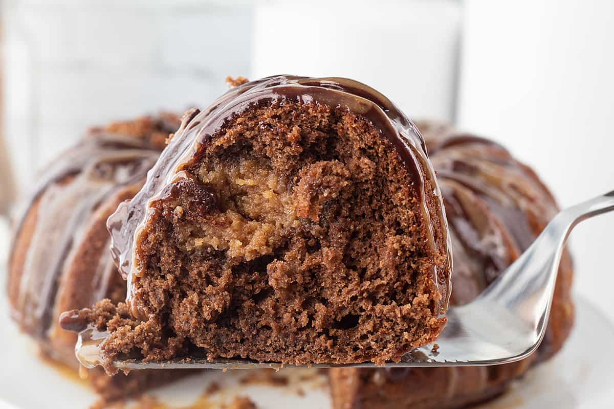 peanut butter filled chocolate bundt cake on cake server.