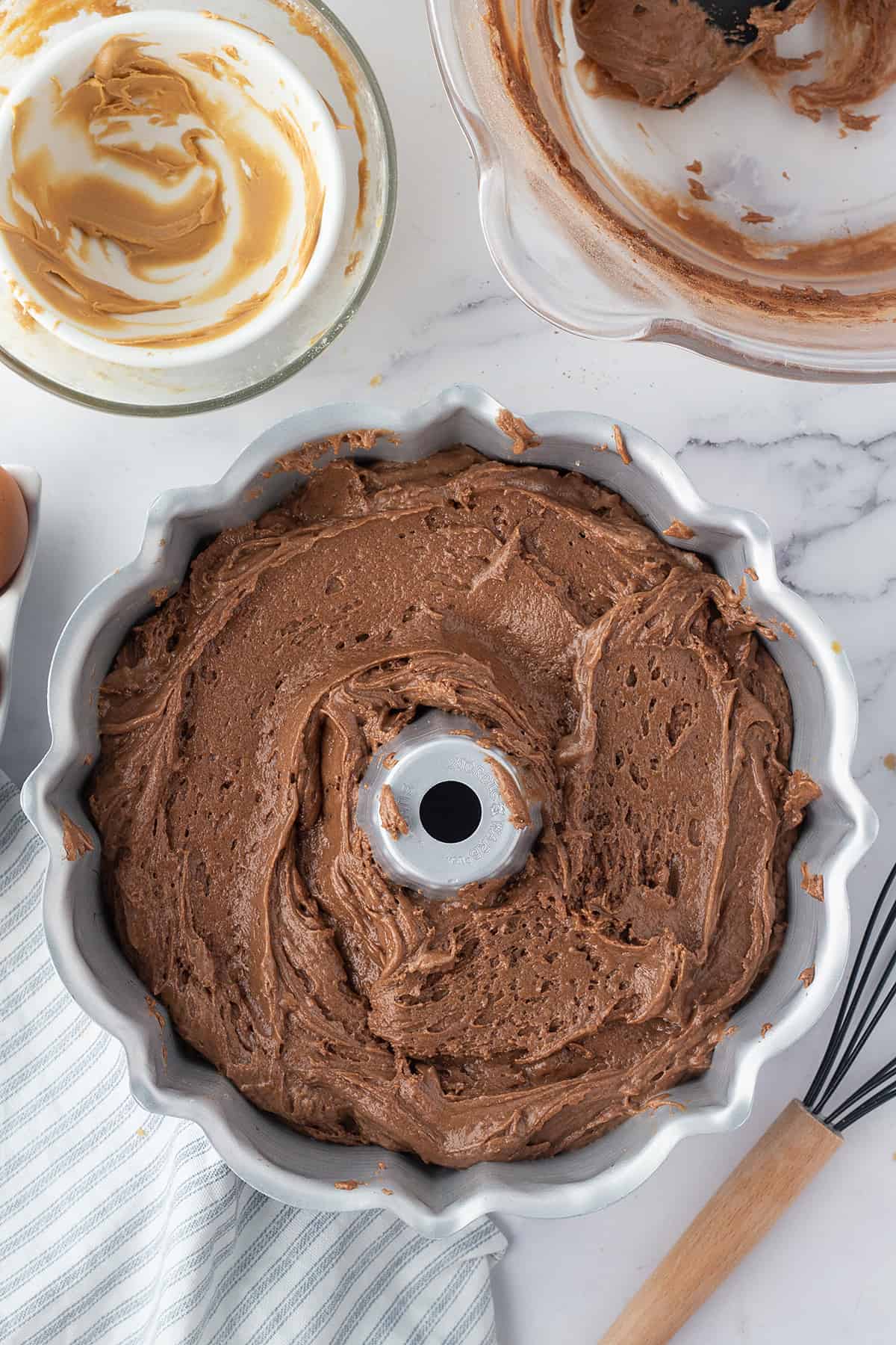 cake batter in bundt pan.