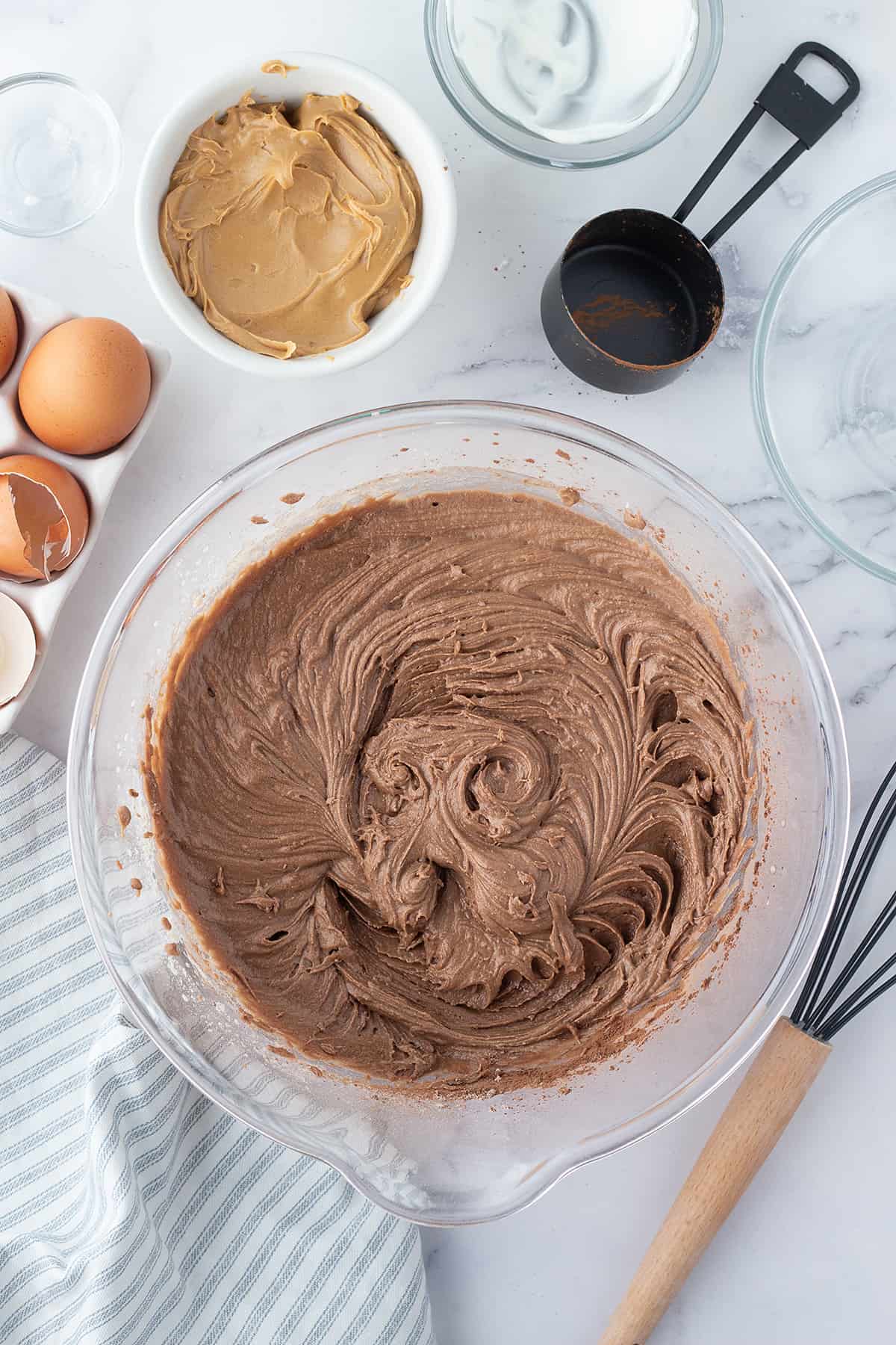 cake batter in mixing bowl.