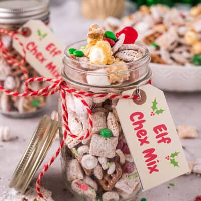 buddy the elf chex mix in glass jar.