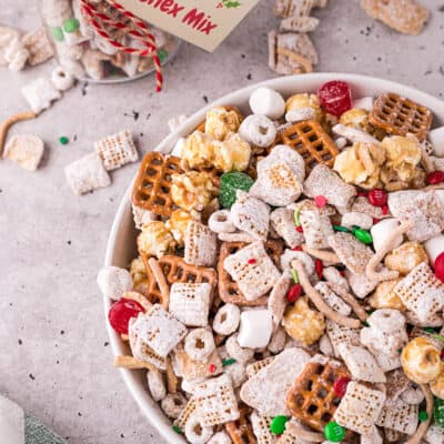 sweet Chex mix in white bowl.