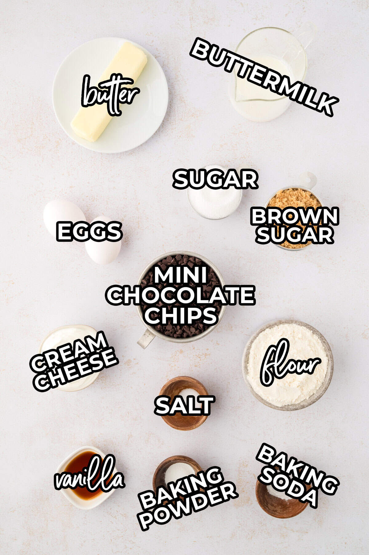 Ingredients for mini chocolate chip muffins on counter.