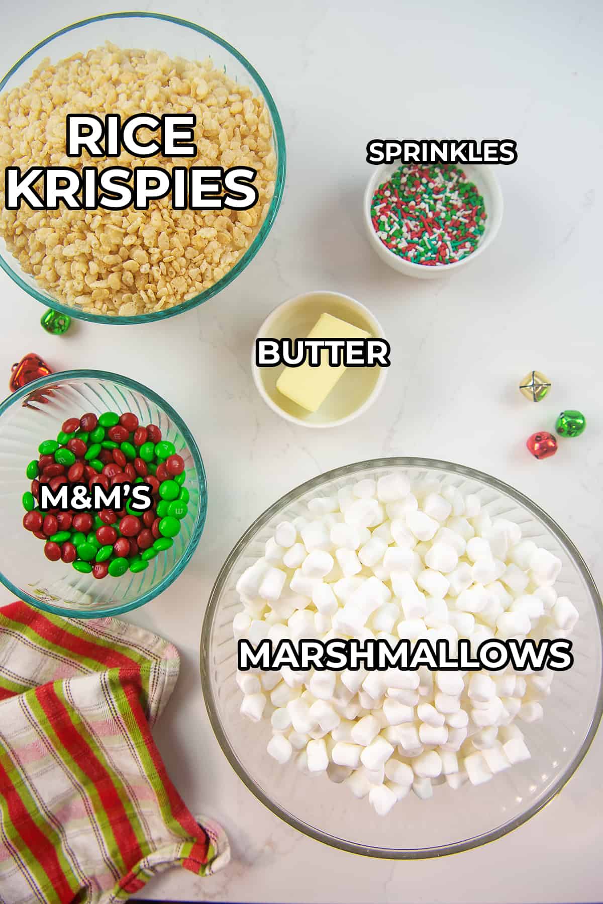 ingredients for Christmas rice krispies treats.
