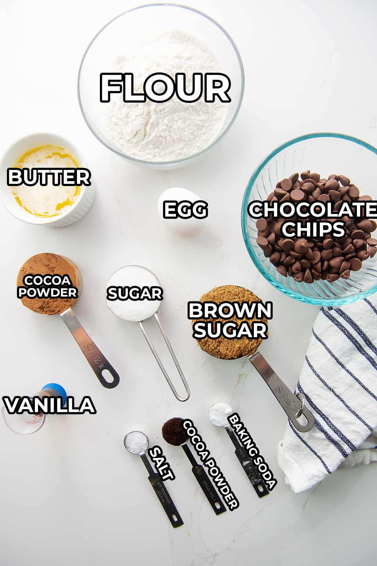ingredients for double chocolate chip cookies.