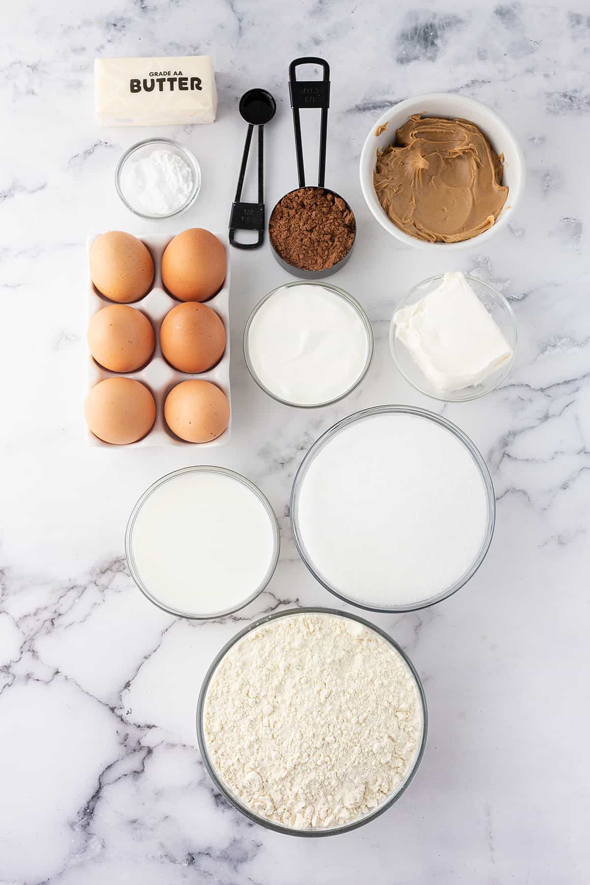 ingredients for chocolate peanut butter bundt cake.