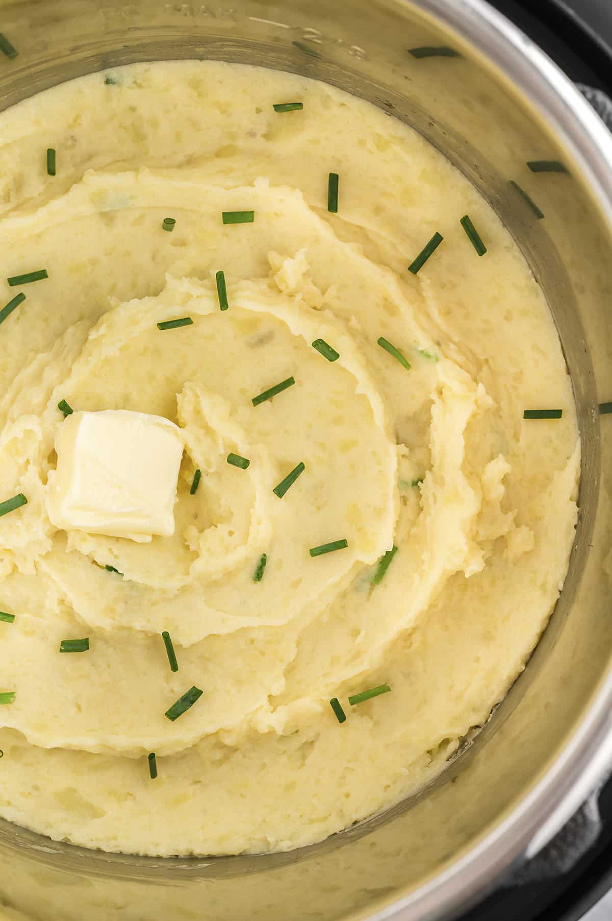 Overhead view of mashed potatoes in Instant pot.