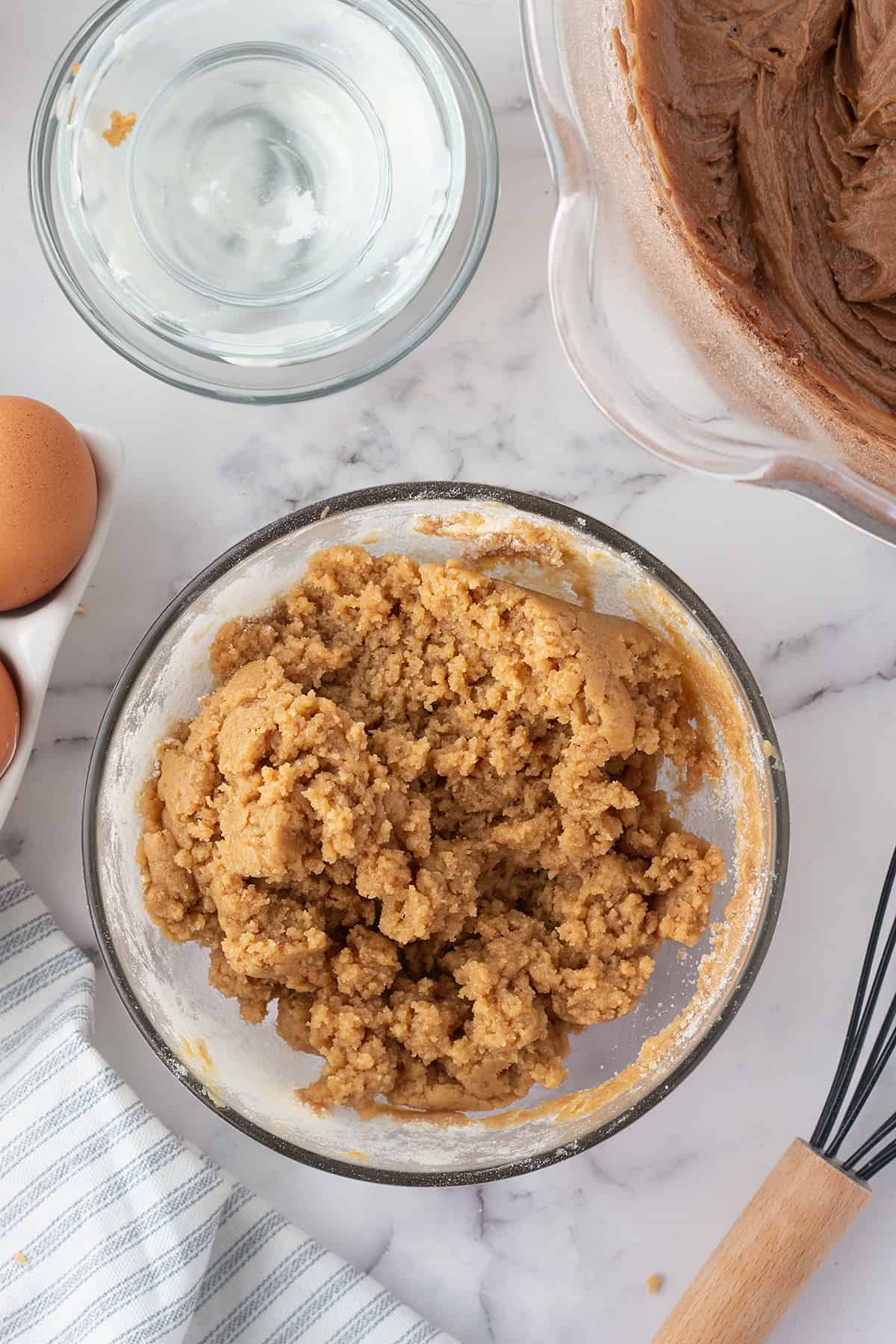peanut butter filling for cake in mixing bowl.