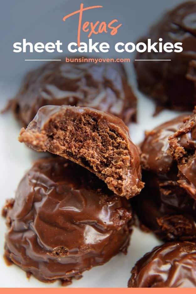 chocolate cookies piled on plate with text for Pinterest.