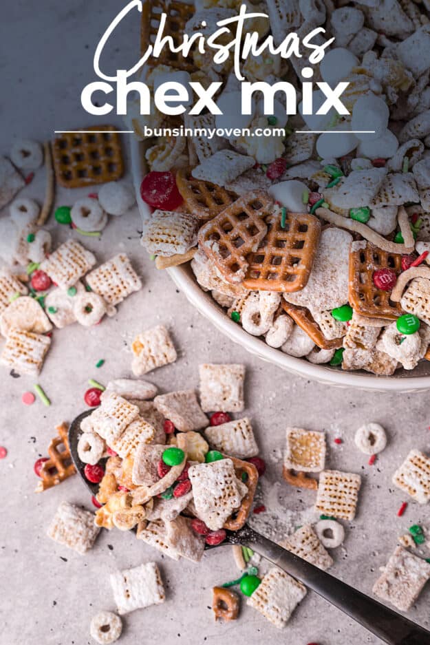 chex mix with text for Pinterest.