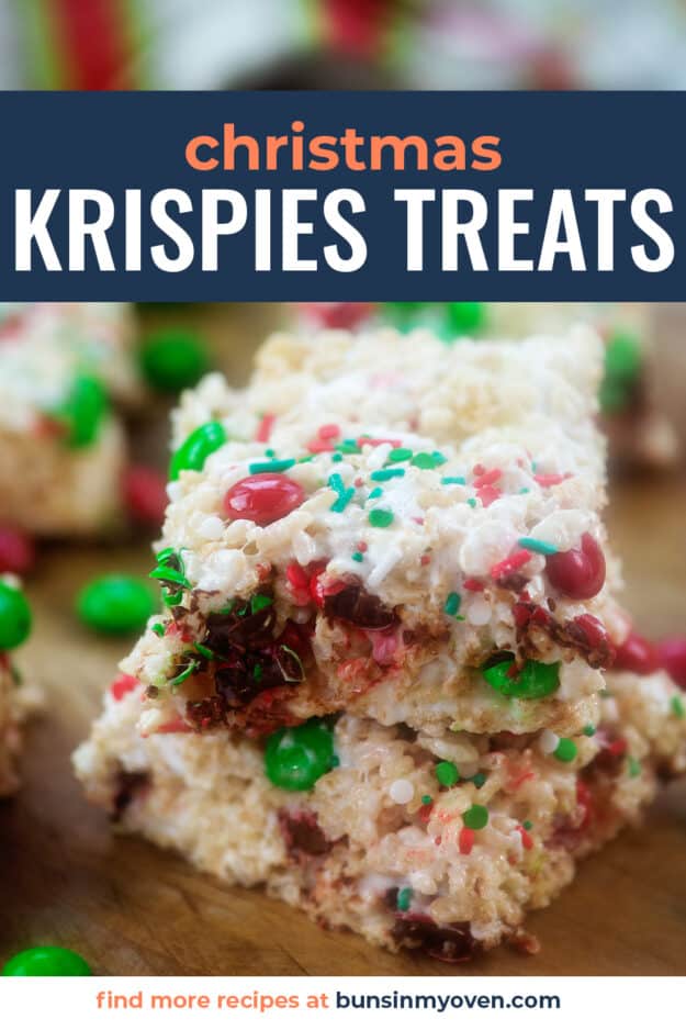 stack of rice krispies treats with text for Pinterest.