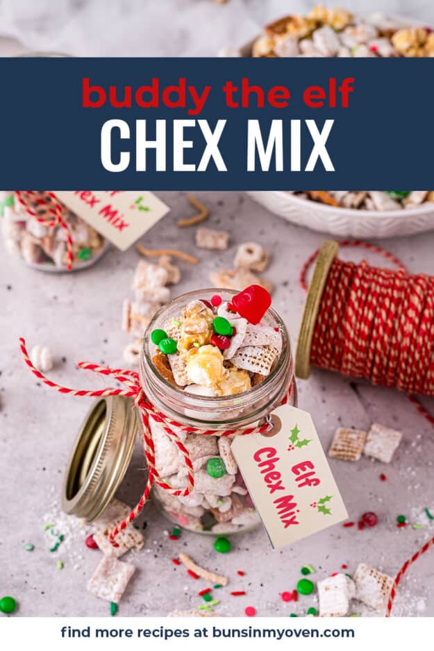 Christmas chex mix in jar.