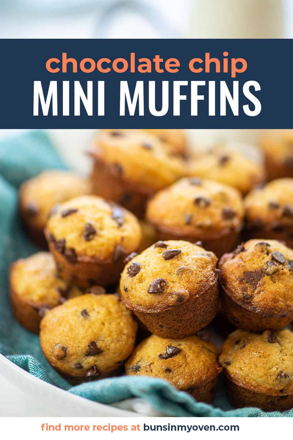 chocolate chip mini muffins piled in bowl.