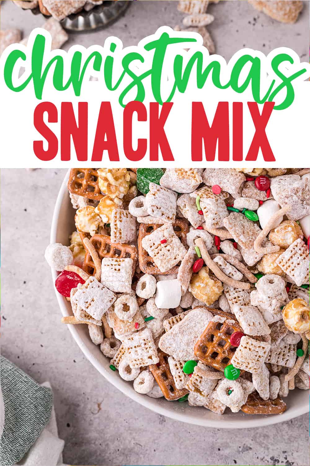 christmas chex mix with text for Pinterest.