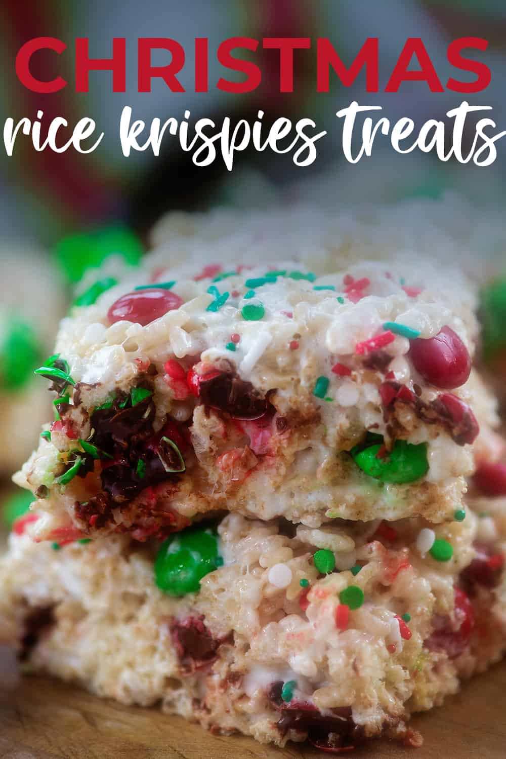 stack of rice krispies treats with text for Pinterest