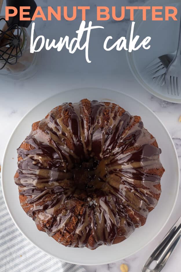 peanut butter chocolate bundt cake with text for Pinterest.
