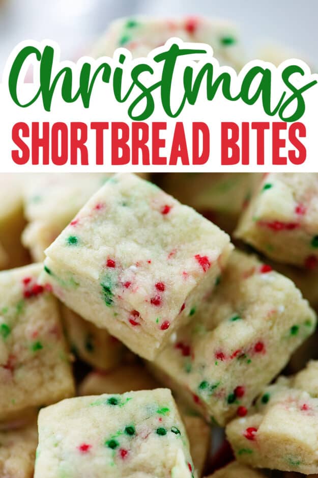 shortbread piled on plate with text for Pinterest.