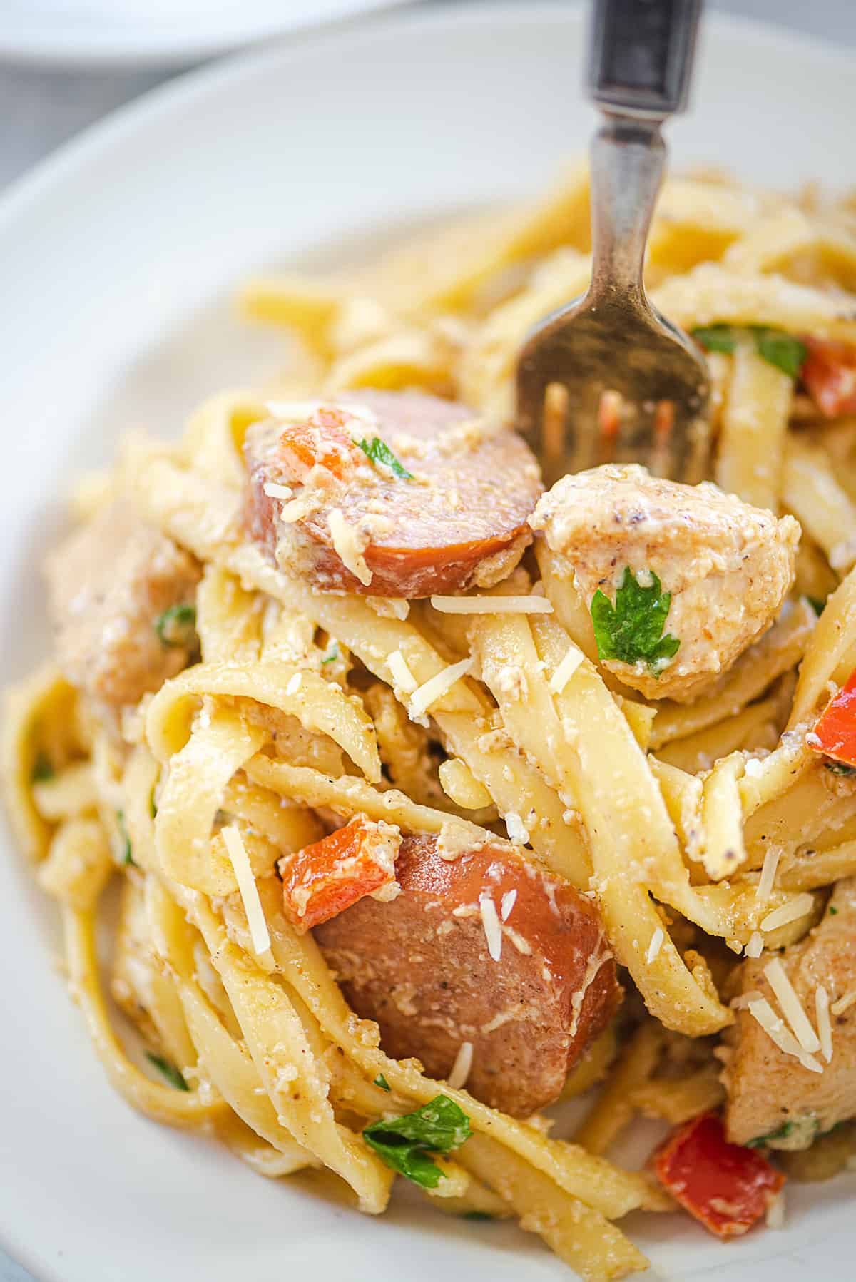 close up of chicken and sausage pasta on white plate.