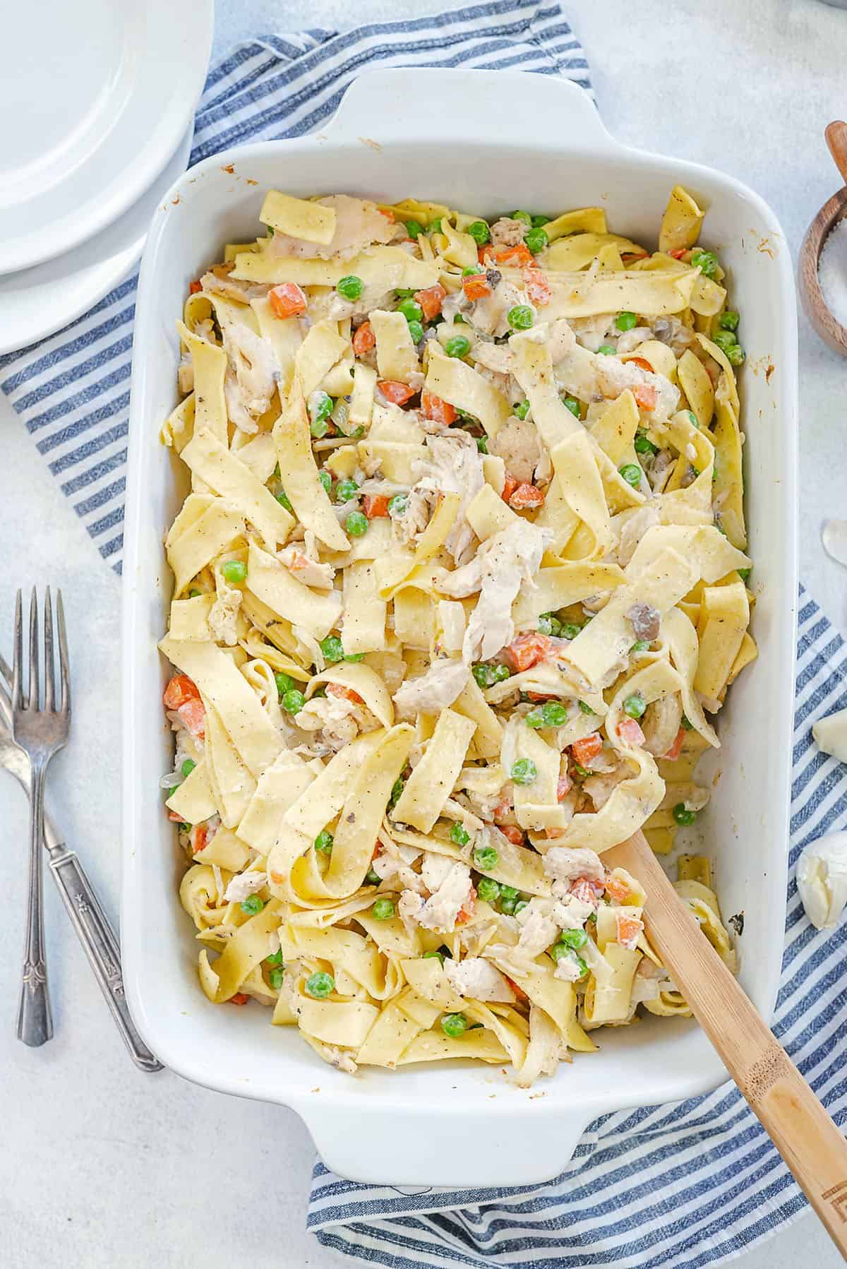 overhead view of chicken noodle casserole in baking dsih.