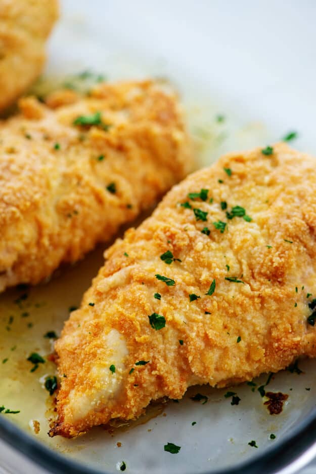 ritz cracker chicken in glass dish.