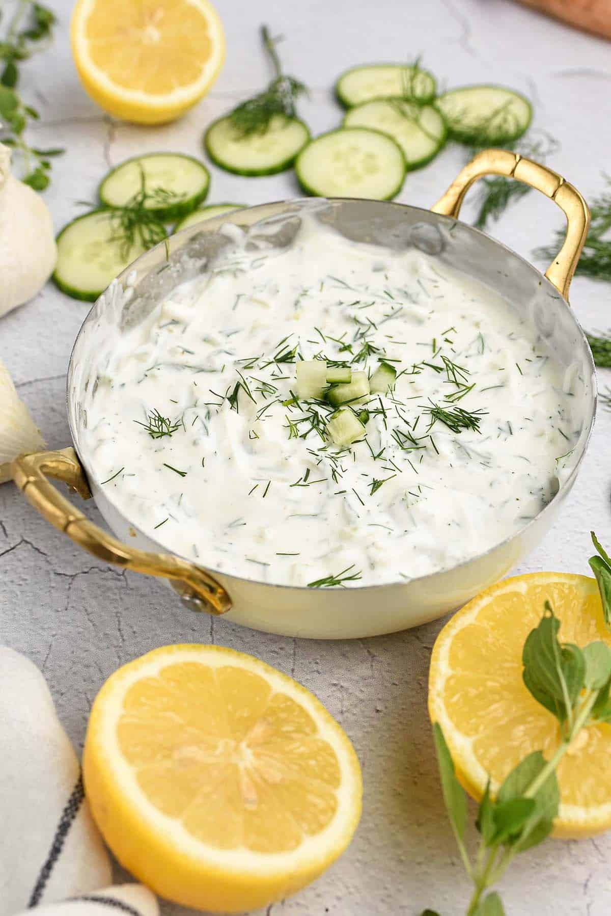 homemade tzatziki sauce in small dish.