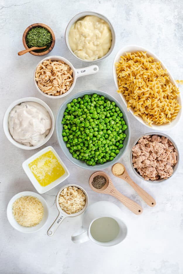 ingredients for classic tuna noodle casserole recipe.