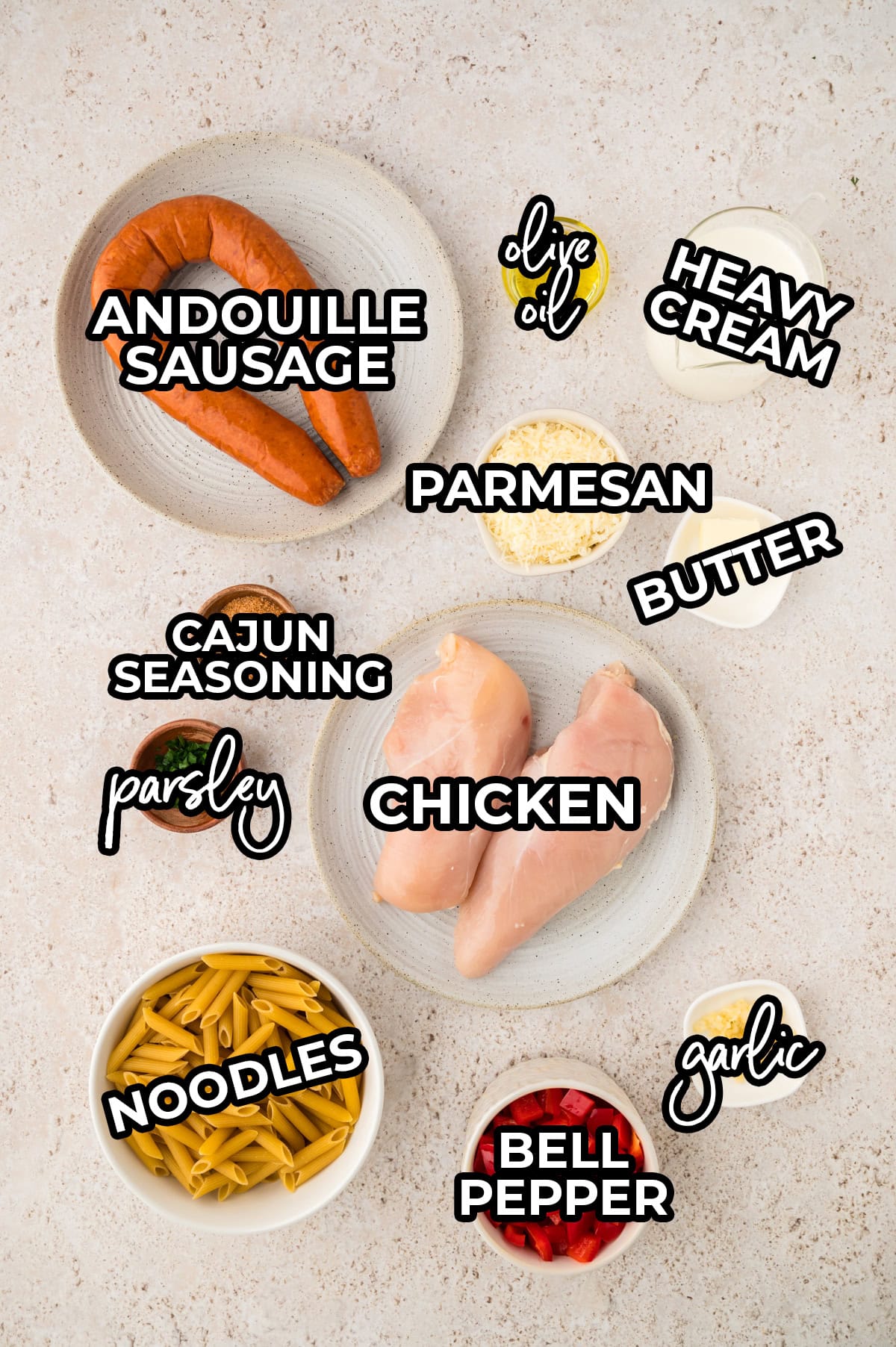 Ingedients for cajun chicken and sausage pasta.