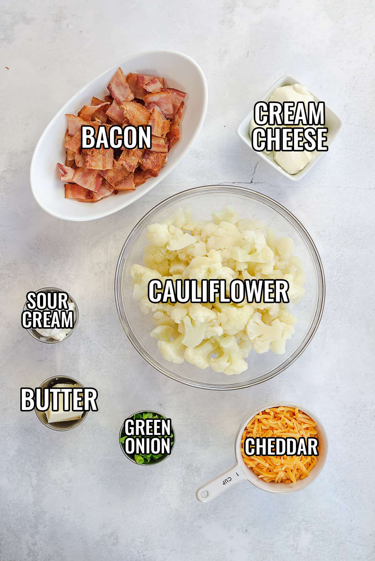 ingredients for loaded cauliflower casserole recipe.