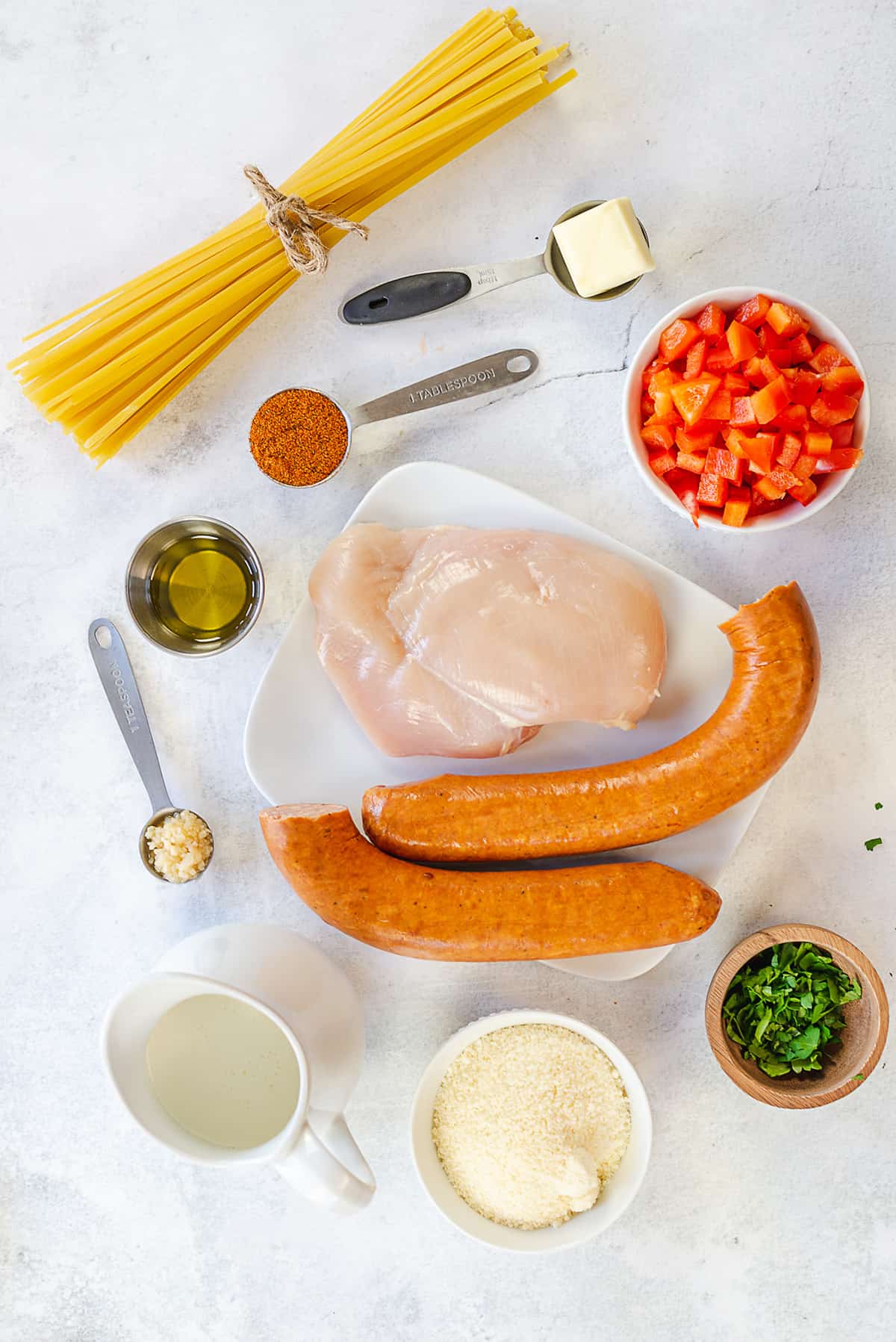 ingredients for Cajun chicken pasta recipe.
