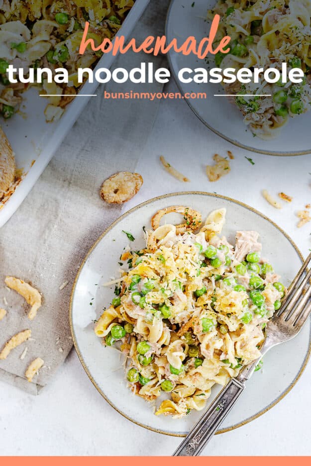 classic tuna casserole on plate with text for PInterest.