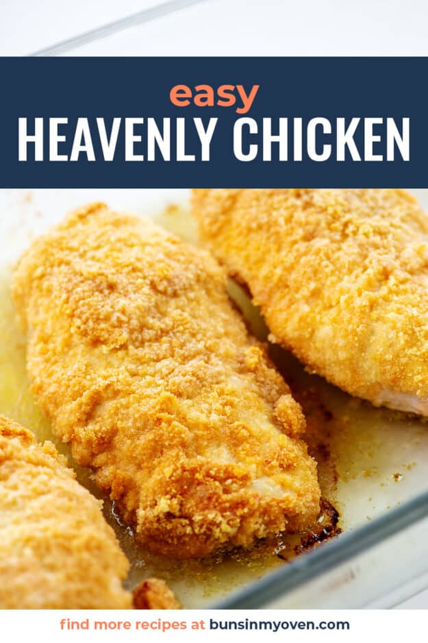 chicken in bakign dish with text for Pinterest.