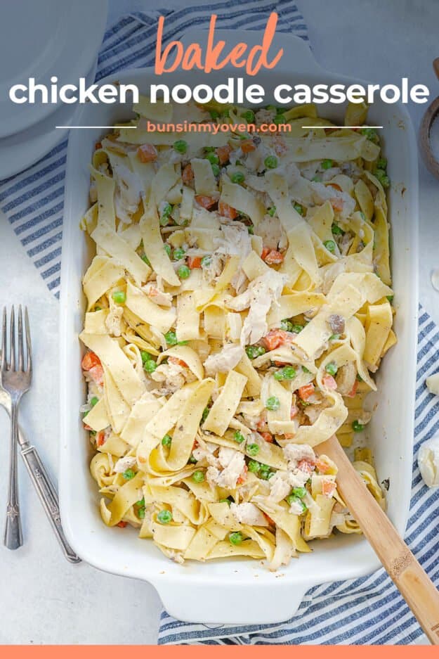 baked chicken noodles in white pan.