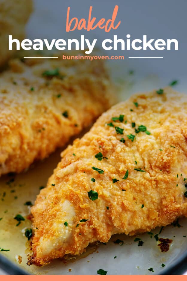 heavenly chicken in glass baking dish with text for Pinterest.